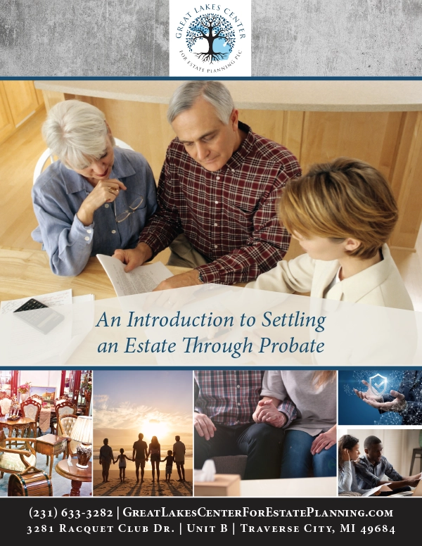 An elderly couple reviewing documents with an advisor on the cover of "An Introduction to Settling an Estate Through Probate" guide.